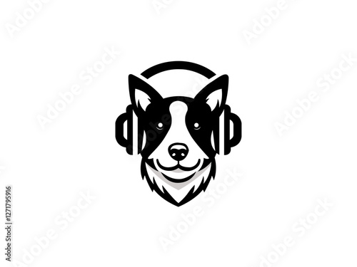 Cartoon dog head wearing headphones company logo, vector dog logo for themed business or product. Brand identity company logo design, dog head vector silhouette logo and t-shirt design illustration.