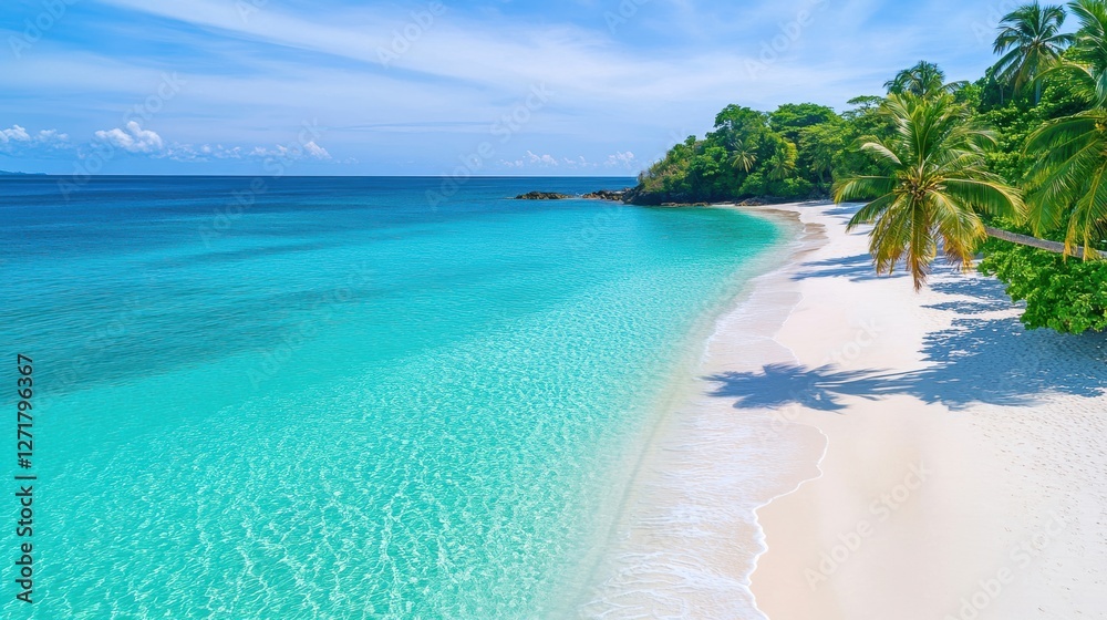 Fototapeta premium Stunning tropical beach with white sand, clear turquoise water, and lush palm trees under a bright blue sky.