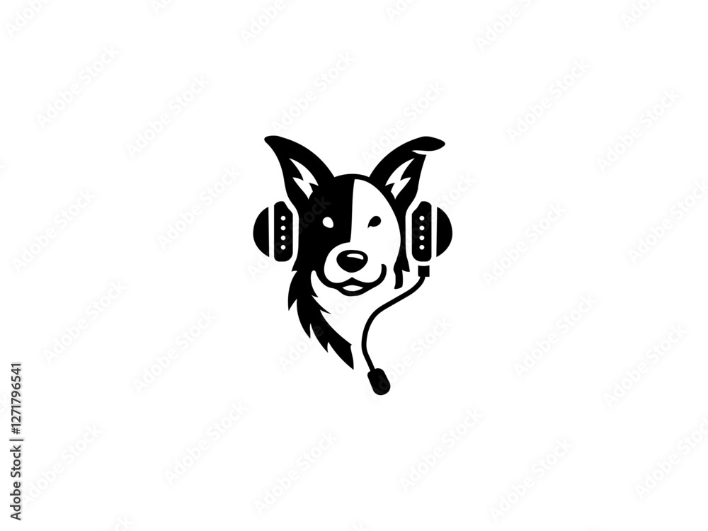 Obraz premium Cartoon dog head wearing headphones company logo, vector dog logo for themed business or product. Brand identity company logo design, dog head vector silhouette logo and t-shirt design illustration.