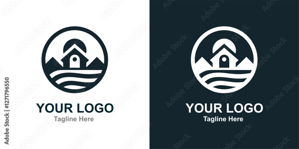 Simple Logo. Of a house with mountains and water. Simple Logo. Of a house with mountains and water.