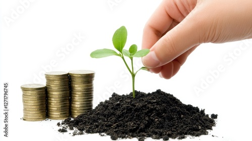 A close-up of a hand nurturing a small green plant, symbolizing growth, with stacks of coins representing financial investment and prosperity. photo