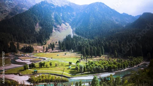 aerial view of Betaab Valley or Betab Valley is a very popular tourist destination near Pahalgam in Jammu and Kashmir, India. photo