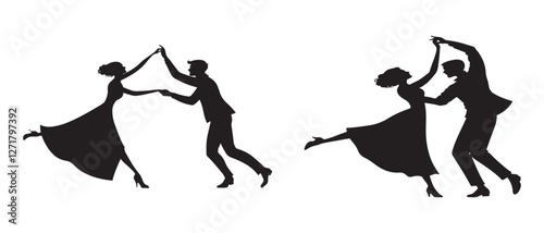 Elegant couple dancing silhouette vector set on white background featuring graceful ballroom, swing, or jazz dance poses, perfect for dance studios, events, and wedding designs