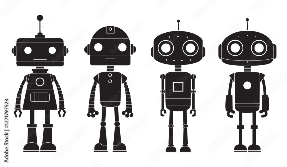 Set of Four minimalist robot silhouettes in black on white background