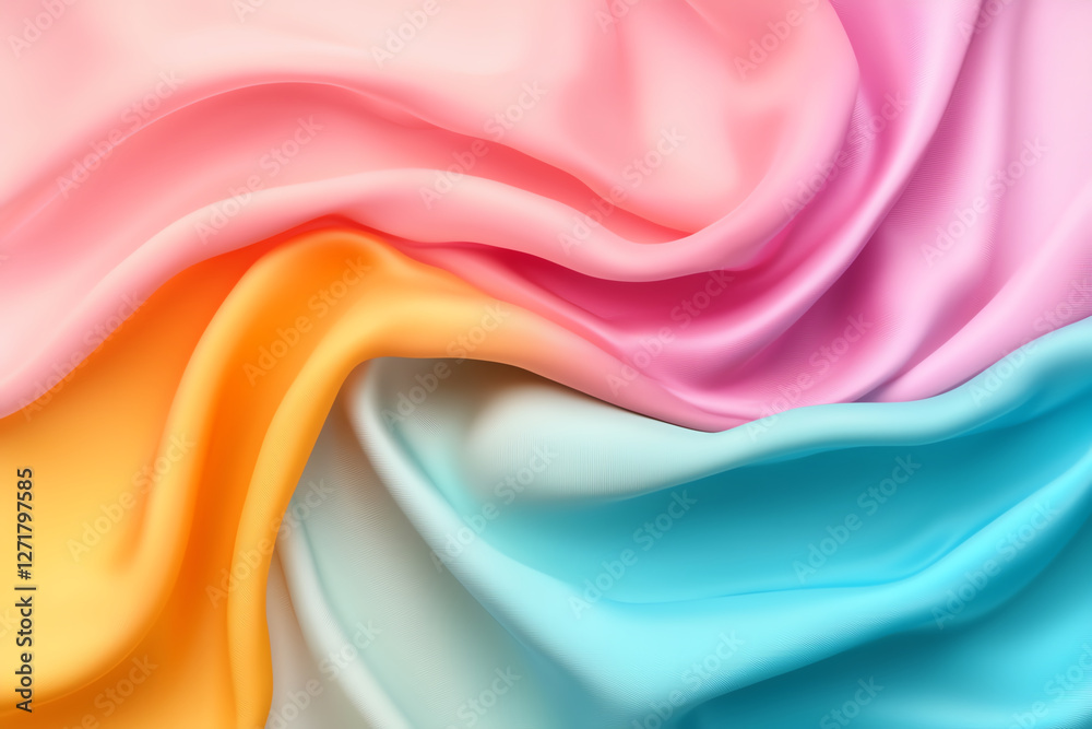 Obraz premium Soft pastel fabric in flowing waves of pink, orange, yellow, and blue, creating serene and elegant texture. Ideal for fashion and design projects