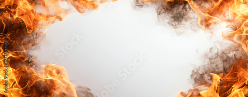 Fiery flame texture border with smoke on white background, creating dramatic and intense visual effect. Perfect for backgrounds and creative designs