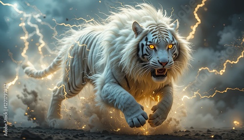 A ferocious white tiger with sharp teeth runs with energy and lightning against a dark background. 