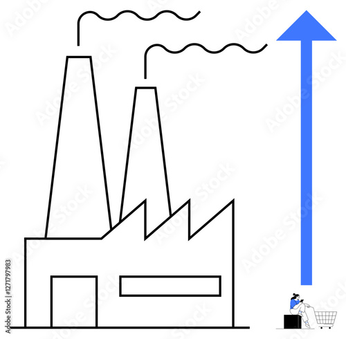 Factory emitting smoke with large blue upward arrow indicating growth, small worker placing a box in a trolley. Ideal for business expansion, industrial growth, economy, progress, scaling
