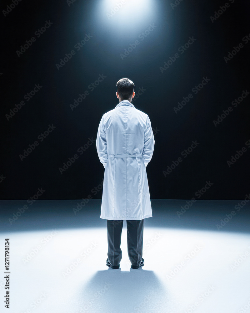 Doctor in white coat laboratory medical portrait dark setting rear view Doctor in white coat laboratory medical portrait dark setting rear view