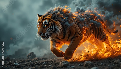 Ferocious fiery tiger with sharp teeth runs surrounded by flames on a dark background