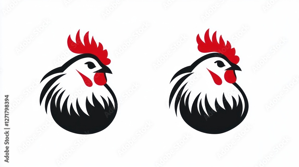 Fototapeta premium Two stylized rooster heads on white background for farm or agriculture