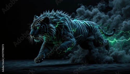 A ferocious black tiger with sharp teeth runs with energy and lightning against a backdrop of black smoke