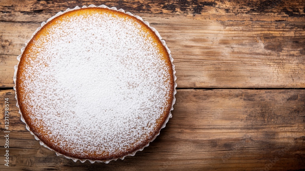 A Delectable Powdered Sugar Cake on a Rustic Wooden Table
