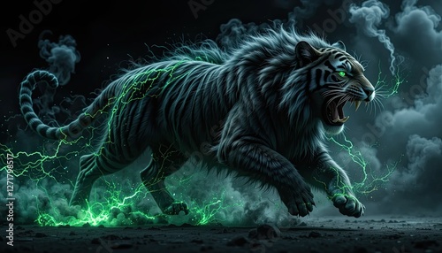 A ferocious black tiger with sharp teeth runs with energy and lightning against a backdrop of black smoke
