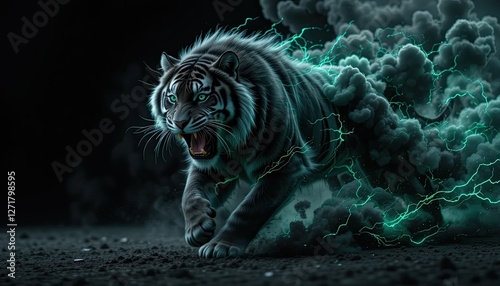 A ferocious black tiger with sharp teeth runs with energy and lightning against a backdrop of black smoke