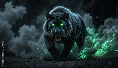 A ferocious black tiger with sharp teeth runs with energy and lightning against a backdrop of black smoke