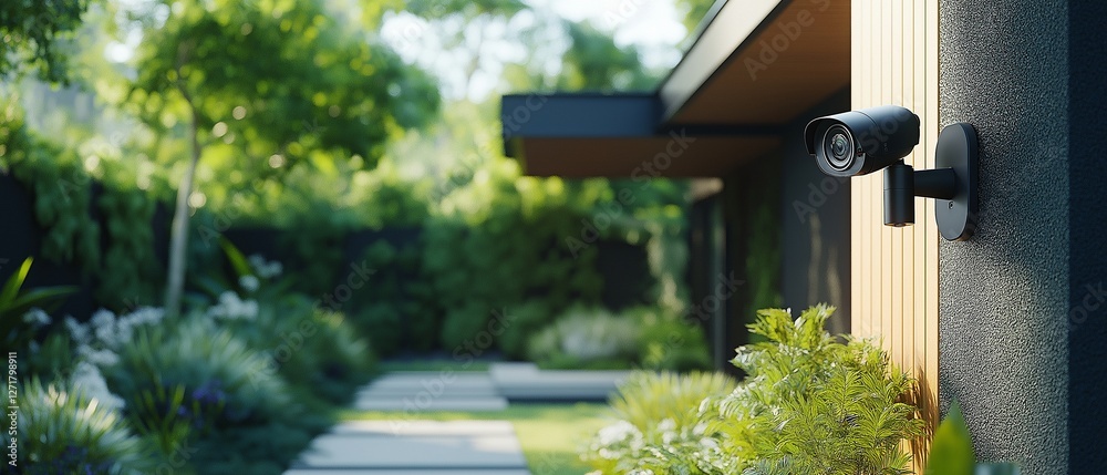 A security camera is installed on the outside of the house. In the background is a modern house. Property is protected by surveillance technology. Equipment for home safety on the building wall. A security camera is installed on the outside of the house. In the background is a modern house. Property is protected by surveillance technology. Equipment for home safety on the building wall.