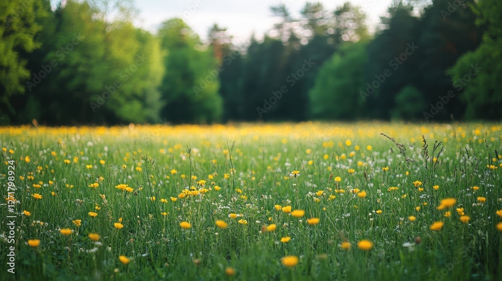 Fototapeta premium A vibrant field of wildflowers showcasing a mix of yellow and white blooms, surrounded by lush green trees under a soft, warm light.