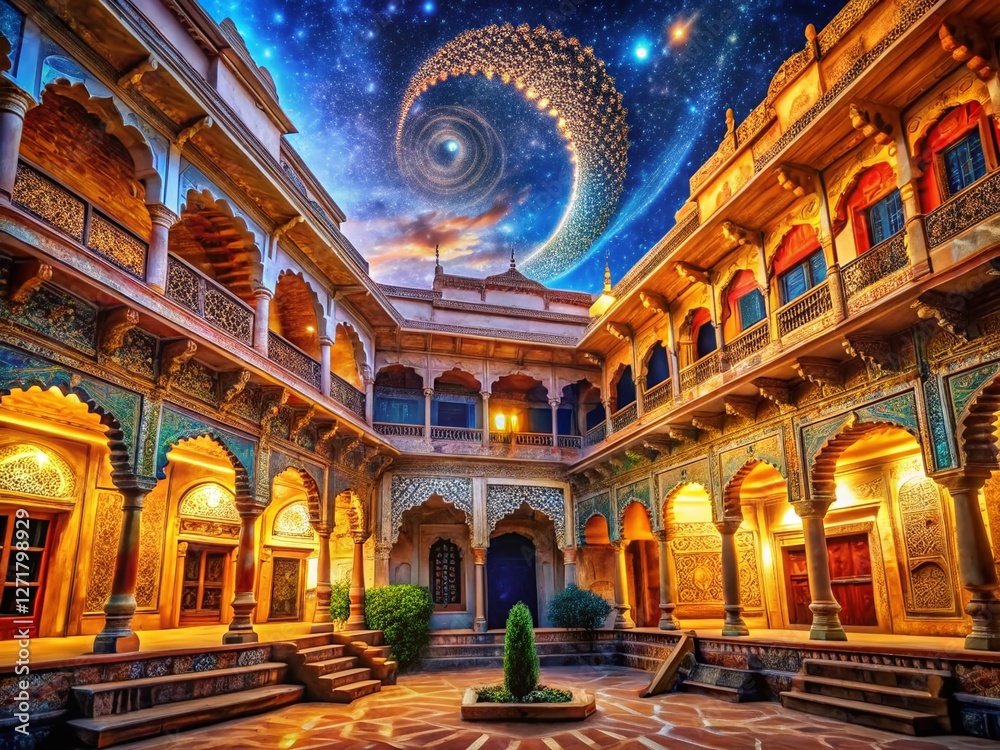 Obraz premium Double Exposure: Vibrant Rajasthani Courtyard & Celestial Patterns