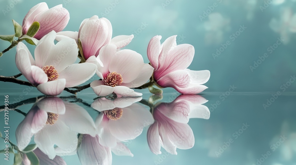Delicate magnolia flowers in soft pastel shades reflect beautifully on a serene surface, creating a tranquil and calming atmosphere. Delicate magnolia flowers in soft pastel shades reflect beautifully on a serene surface, creating a tranquil and calming atmosphere.