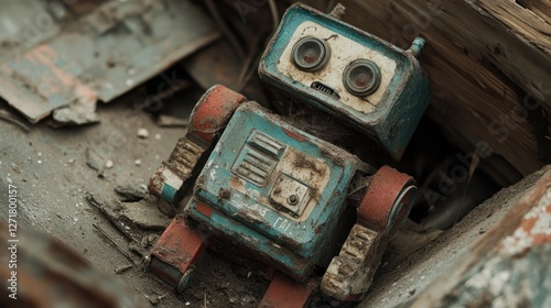 Rusty vintage toy robot in debris.