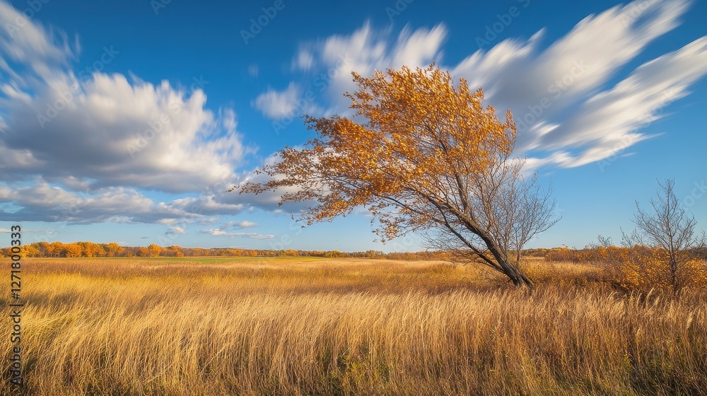 A solitary tree with golden leaves stands in a field of tall grass under a vibrant blue sky, showcasing the beauty of autumn in nature. A solitary tree with golden leaves stands in a field of tall grass under a vibrant blue sky, showcasing the beauty of autumn in nature.