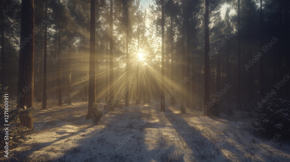Obraz premium A serene forest scene with sunlight streaming through tall trees, creating a magical atmosphere.