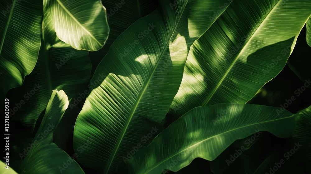 Fototapeta premium A close-up of vibrant green banana leaves, showcasing intricate patterns and textures in a natural setting.