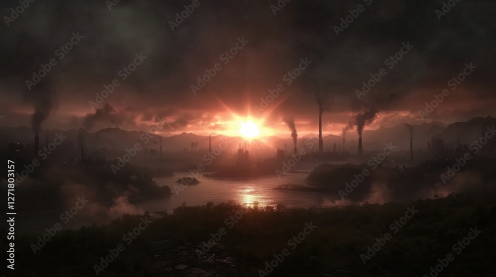 A dramatic sunset illuminating an industrial area with smoke rising from factories. A dramatic sunset illuminating an industrial area with smoke rising from factories.