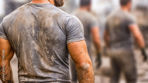 Wallpaper Mural A muscular man with a dirty back is seen from behind, suggesting hard labor or outdoor work, Ideal for topics like fitness, construction, or manual labor illustrations in marketing and editorial use, Torontodigital.ca