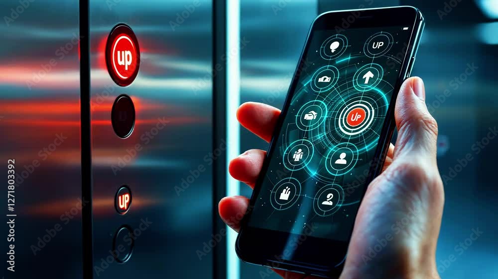 A person using a smartphone to control an elevator with digital interface in a modern building