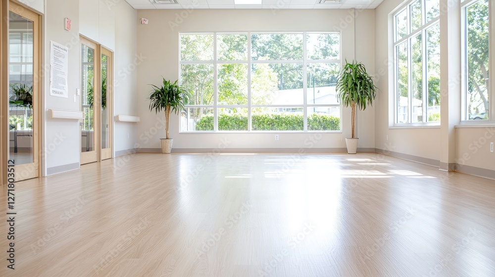 Fototapeta premium Bright office space, sunlit windows, hardwood floors, plants, potential for yoga or meetings