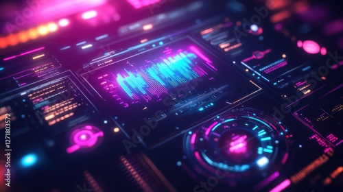 Futuristic digital dashboard with glowing data visualizations and charts.