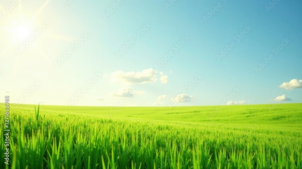 Obraz premium Serene Landscape Bright Sun Illuminates a Vast Expanse of Lush Green Grass Under a Clear Blue Sky with Puffy White Clouds