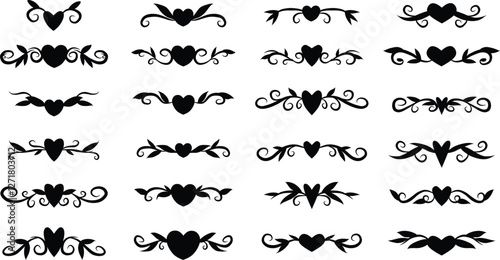 Heart With Floral Ornaments Silhouettes Set Free Vector. Adobe Illustrator Artwork. Hand drawn deviders set
