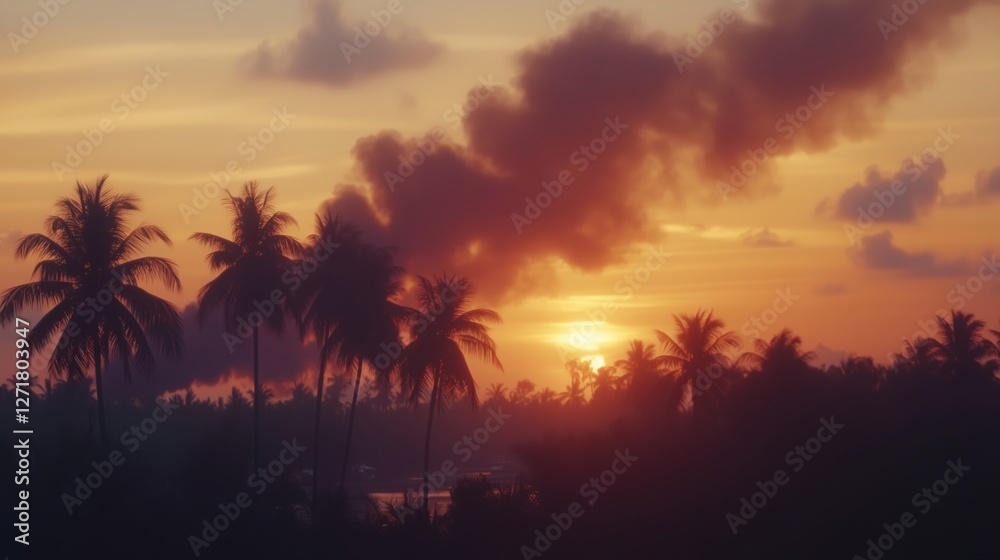 Obraz premium A beautiful sunset with palm trees silhouetted against a colorful sky.