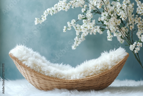 Wallpaper Mural Photography setup with an empty fluffy Moses basket and flowers designed for newborn portraits Torontodigital.ca