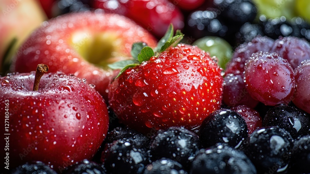 A vibrant display of fresh fruits including red apples, strawberries, and blueberries, all glistening with droplets of water. A vibrant display of fresh fruits including red apples, strawberries, and blueberries, all glistening with droplets of water.