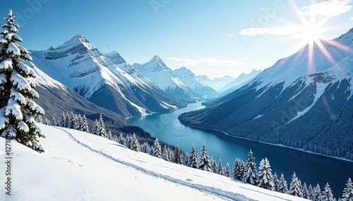 Snowy mountain landscape at Beaver Creek Ski Resort, winter landscape, snow-capped mountains, frozen lakes photo