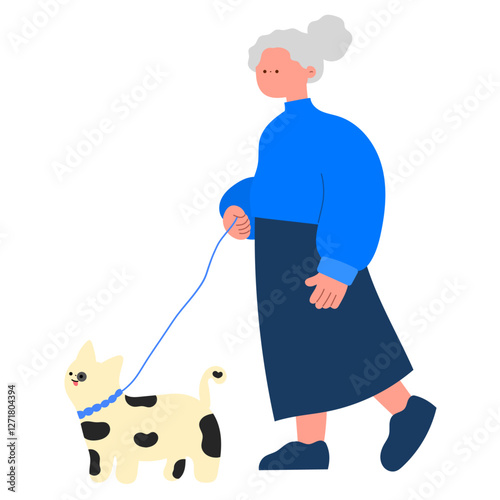 senior woman walking her pet dog  flat vector illustration