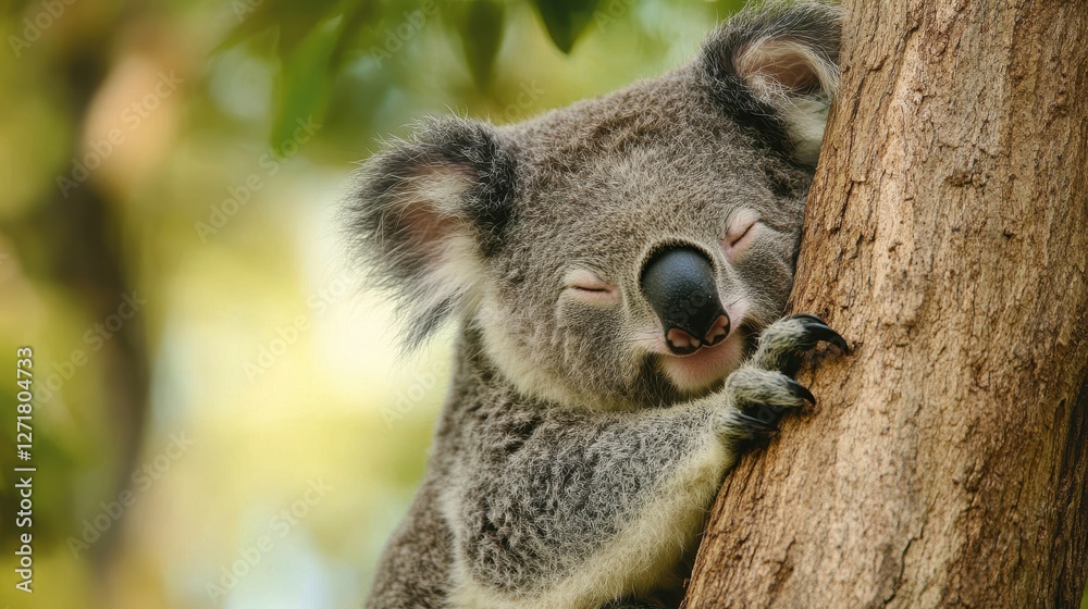 Fototapeta premium A cute koala bear peacefully sleeps on a eucalyptus tree. Its eyes are closed, showcasing its fluffy ears and soft gray fur against a blurred green background.
