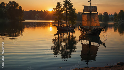 pirate ship on the lake by the lake in the morning photo