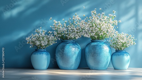 Blue Ceramic Vases with White Flowers against a Blue Textured Wall (Vases, Flowers, Decor, Blue, White)
