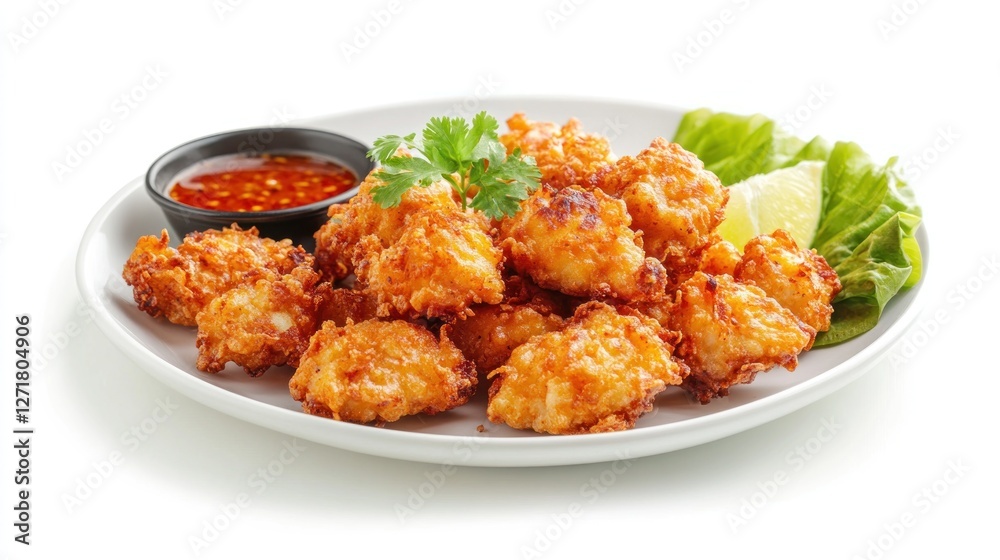 Breaded fried chicken. Crispy fried chicken. Several pieces of crunchy fried chicken on a white plate. Isolated on white background. Perfect for design elements, catalogues, or any commercial purposes Breaded fried chicken. Crispy fried chicken. Several pieces of crunchy fried chicken on a white plate. Isolated on white background. Perfect for design elements, catalogues, or any commercial purposes