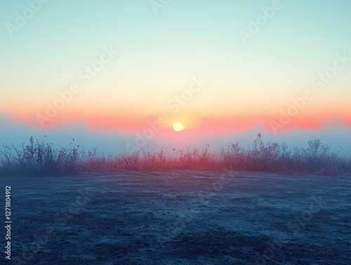Serene Landscape at Sunrise or Sunset with Mist and Golden Horizon, Serving as a Background (Nature, Landscape, Mist, Sunrise, Sunset)