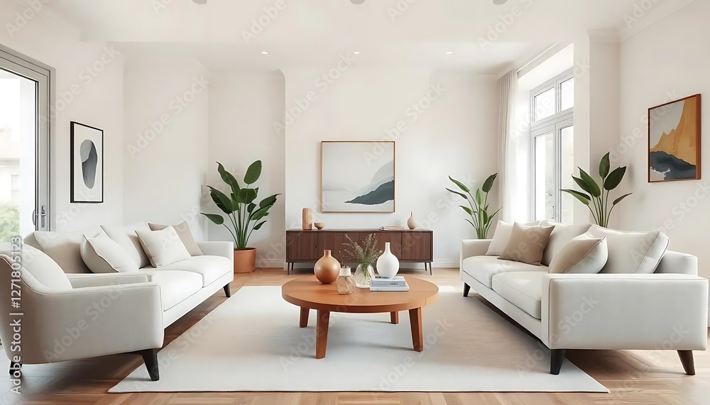 Fototapeta premium Modern interior japandi style design livingroom. Lighting and sunny scandinavian apartment with plaster and wood. 3d render illustration.