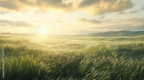 Vibrant green grass gently sways in the wind under a golden sunrise, creating a serene and tranquil landscape filled with soft light and warmth.