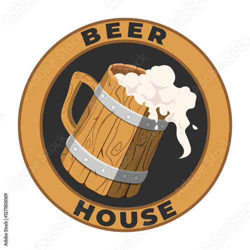 Vector logo for Beer House, brown decorative sign board with illustration of full beer glass with foam. Original vintage retro art badge ciecle logo design template