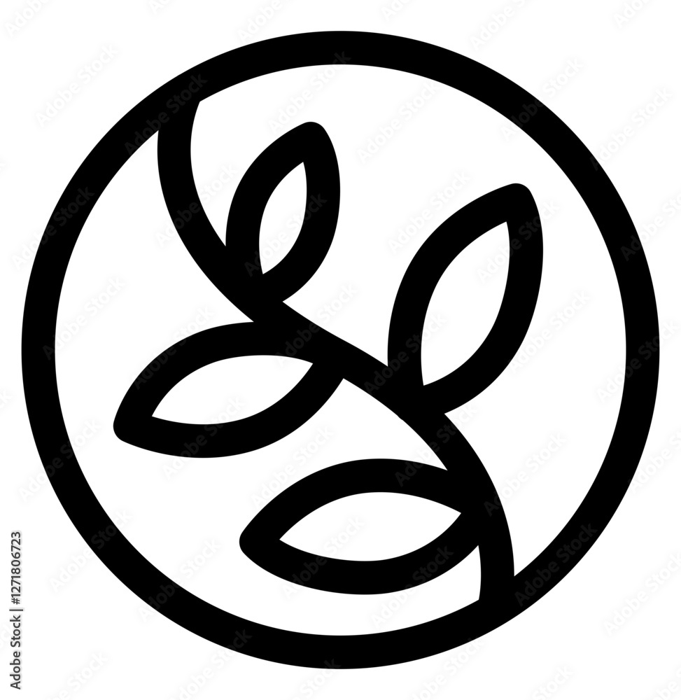 A minimalistic herbal icon with leaves inside a circular frame symbolizing nature and sustainability.