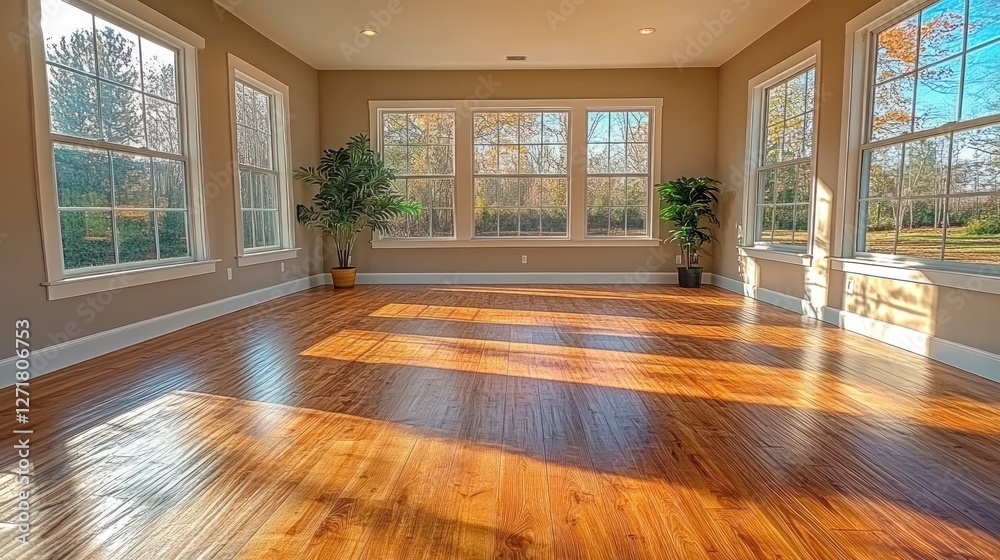 Fototapeta premium Sunlit hardwood floor, autumn view, empty room, home staging